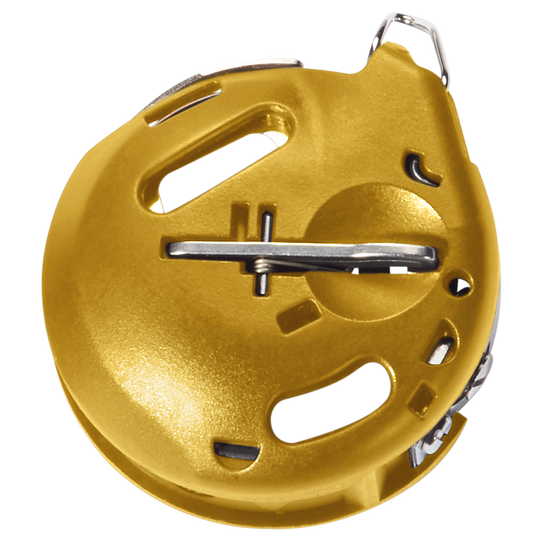 Gold-colored BERNINA hook bobbin case B9 with metal thread lever, shown as a single sewing machine spare part on a white background. image number