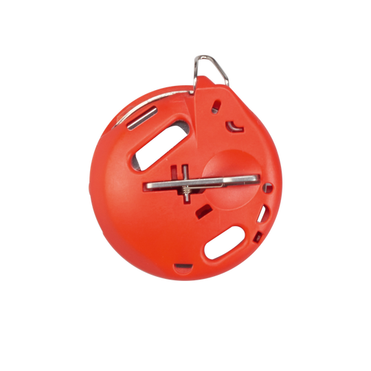 Red BERNINA hook bobbin case B9 with metal latch, shown from the front on a white background for sewing machine accessories. image number