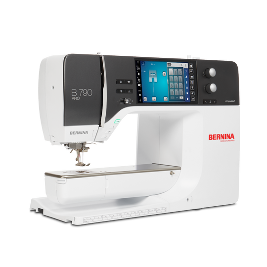 BERNINA B 700 embroidery sewing machine in side view, showing large touchscreen, extended free arm and spacious embroidery area in white housing image number