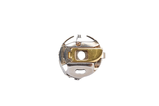 Metal rotary hook bobbin case for sewing machine, shown from the front with thread slot and tension spring clearly visible. image number